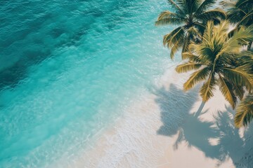 Wall Mural - sharp mobile image of a serene beach with clear blue water, white sand, and gently swaying palm tree