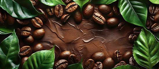 Poster - Coffee beans and leaves create a textured background for a coffee shop ad with ample copy space image for invitations