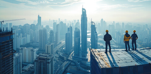 Poster - Construction workers in hard hats on a city skyscraper rooftop, teamwork, progress, skyline view, cityscape. Generative AI.