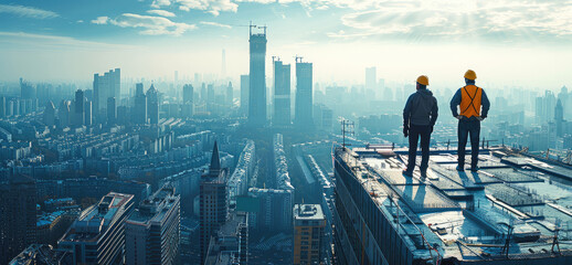 Wall Mural - Construction workers in hard hats on a city skyscraper rooftop, teamwork, progress, skyline view, cityscape. Generative AI.