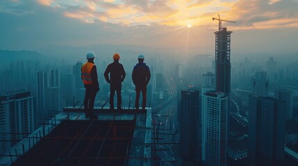 Fototapete - Construction workers in hard hats on a city skyscraper rooftop, teamwork, progress, skyline view, cityscape. Generative AI.