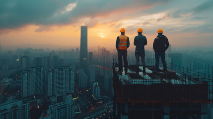 Wall Mural - Construction workers in hard hats on a city skyscraper rooftop, teamwork, progress, skyline view, cityscape. Generative AI.