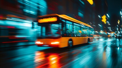 Sticker - a bus driving down a street at night time