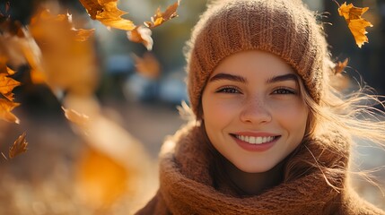 Poster - a woman wearing a brown hat and scarf smiling at the camera with autumn leaves around her