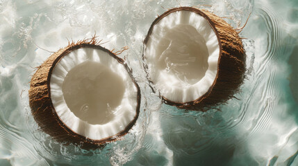 Close-up illustration of halved coconuts floating in water on the tropical beach with sunlight reflecting off the surface.