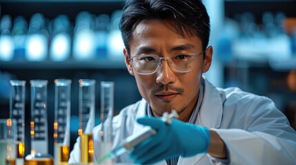 Poster - Asian Chinese lab chemist doing a lab test using high tech equipment. Generative AI.