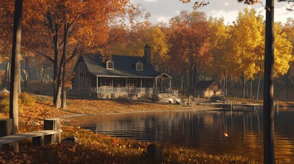 Poster - Autumn Lakeside Cabin in the Woods