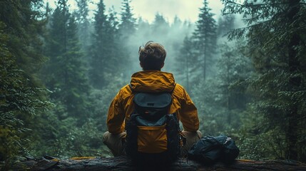 Young man resting in a peaceful forest clearing with a backpack