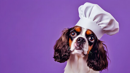 Wall Mural - Spaniel in a chef's hat on an purple background, place for your text, banner.