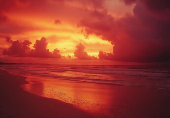 A red sunset over the ocean with clouds in the sky