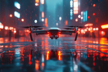 Canvas Print - Drone Flying Through Rainy City at Night