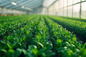 Poster - Lush Green Spinach Plants Growing in a Greenhouse