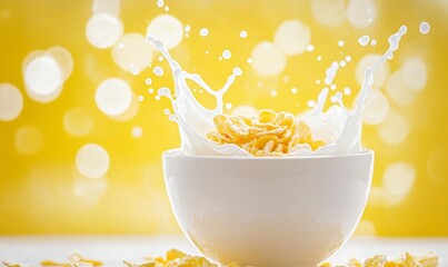 Wall Mural - Dynamic Cornflakes and Milk Splash: Creative Food Marketing Background for Snack Promotions, Seasonal Sales, and Nutritional Campaigns. Vibrant Abstract Design for Posters, UI, Web, and Graphic Projec