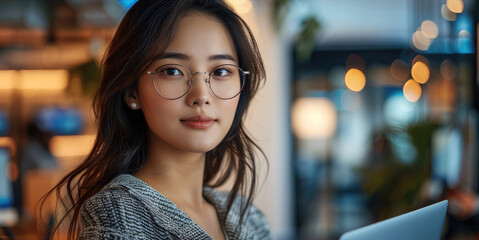 Poster - A young Asian female coder, wearing glasses and holding a laptop, tech startup office background. Generative AI.