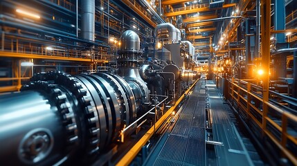 Inside an industrial plant, large steel pipes and complex machinery stand as a testament to heavy engineering.