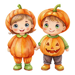 Wall Mural - Two adorable kids dressed in pumpkin costumes for Halloween. One is a girl with a simple pumpkin costume, the other is a boy with a carved pumpkin face on his costume.