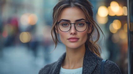 Wall Mural - A close-up portrait of a young woman in stylish glasses against a city backdrop captures urban sophistication.