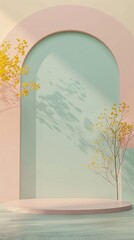 Poster - A green and pink archway with a tree in the middle