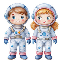 Wall Mural - Two adorable cartoon astronauts, a boy and a girl, in full spacesuits with smiling faces, ready for their mission, symbolizing childhood dreams, space exploration, and teamwork.