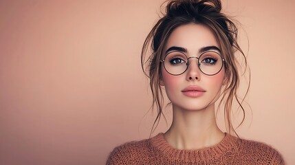 Poster - An attractive young woman in glasses poses against a pink background, radiating confidence and casual charm.