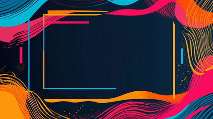 Poster - Vivid abstract background with colorful waves and a central square frame, set against a dark blue backdrop. The composition features vibrant colors and simple geometric shapes, creating a dynamic and 