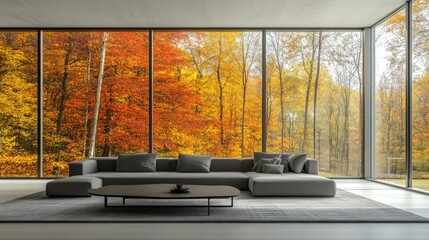 A bright, modern living room with a grey couch and a minimalist table, featuring large windows that reveal a vibrant autumn forest outside.