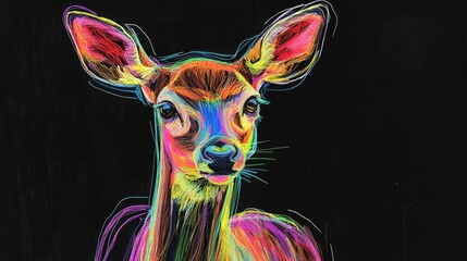 Wall Mural - Neon colored deer portrait with black background.