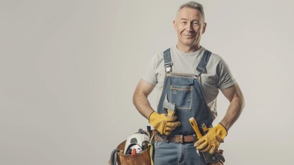 Poster - A man in a blue overalls and a yellow glove is holding a hammer and a wrench
