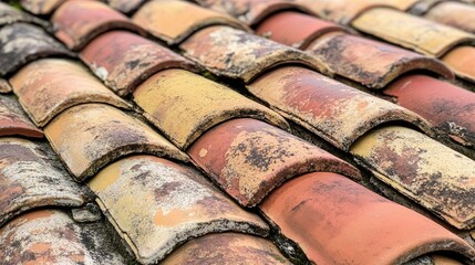 A closeup of aged red and brown roof tiles on a vintage building, with their weathered surface highlighting the history and charm of the architecture.