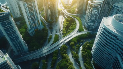 Poster - A modern urban development with high-tech transportation systems and energy, efficient infrastructures. Aerial high view. Generative AI.