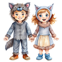 Wall Mural - Two children, a boy and a girl, are dressed in wolf costumes. The boy is wearing a grey wolf costume and the girl is wearing a blue wolf costume. They are holding hands and smiling. The image is full 