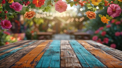 Poster - A festive and vibrant image of an empty wooden table top, surrounded by colorful paper and a bokeh garden backdrop, ideal for product. Generative AI.