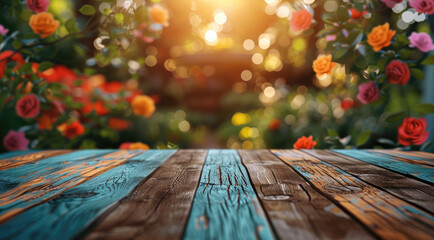 Poster - A festive and vibrant image of an empty wooden table top, surrounded by colorful paper and a bokeh garden backdrop, ideal for product. Generative AI.