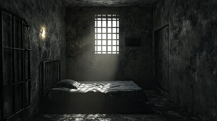 A desolate jail cell, featuring a narrow bed and a small window, with stark lighting that highlights the confined space.