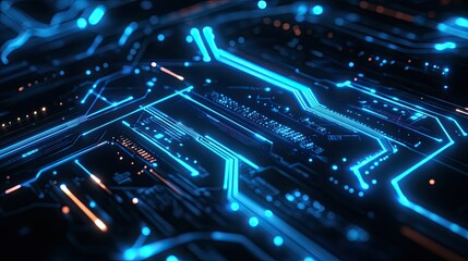 Poster - A futuristic circuit board design with glowing blue lines and abstract technology elements, set against a dark background.