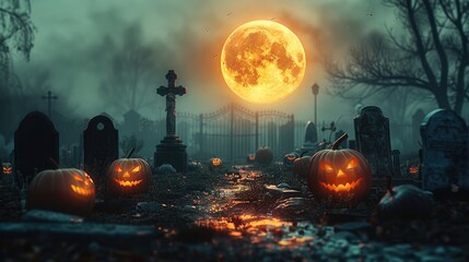 A terrific darkness scene, scary ambient, Halloween pumpkin, carnival, full yellow bright moon back, cemetery. Generative AI.