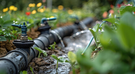 Poster - In the garden, there are water pipes and hoses connected. There are valves on the water pipes and the hoses are placed next to the valves. Generative AI.
