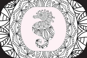 Adult doodle coloring book page sea horse. Antistress zentangle.