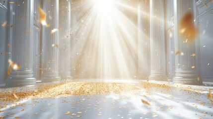 Poster - A pure white concert venue. Rays of light. Golden confetti falling. Generative AI.
