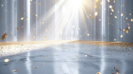 Leinwandbilder - A pure white concert venue. Rays of light. Golden confetti falling. Generative AI.