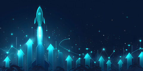 Leinwandbilder - Abstract futuristic blue background with glowing arrows pointing upwards and a rocket taking off. Vector illustration symbolizing stock market growth or business success.