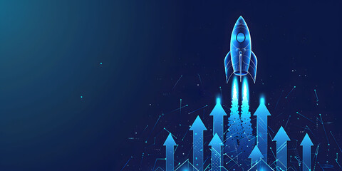 Leinwandbilder - Abstract futuristic blue background with glowing arrows pointing upwards and a rocket taking off. Vector illustration symbolizing stock market growth or business success.