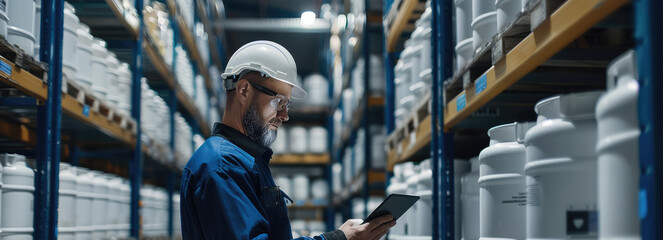 Aufkleber - Chemical warehouse with barrels of toxic products. Storekeeper using tablet to manage inventory and ensure safe storage of hazardous materials. Generative AI.