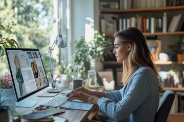 Young woman in casual attire working at a desk with a monitor, laptop, and coffee in a sunlit home office