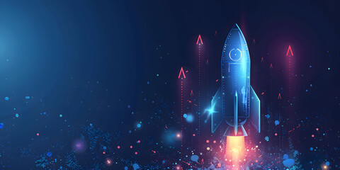 Leinwandbilder - Abstract futuristic blue background with glowing arrows pointing upwards and a rocket taking off. Vector illustration symbolizing stock market growth or business success.