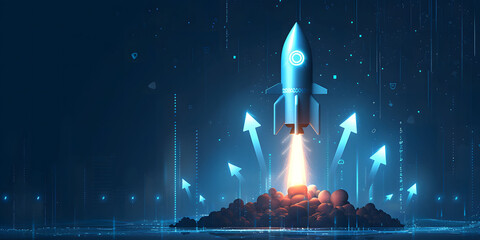 Leinwandbilder - Abstract futuristic blue background with glowing arrows pointing upwards and a rocket taking off. Vector illustration symbolizing stock market growth or business success.
