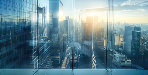 Poster - A bustling financial district, as seen through the window of a modern office on the twentieth floor. Generative AI.