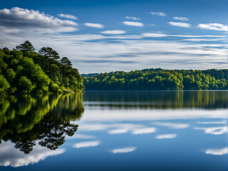 Beautiful park scenery, lakes and forests, blue sky and white clouds, natural scenery background