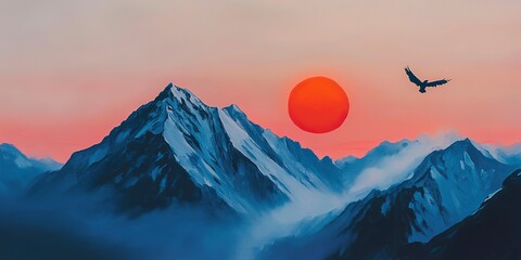 Sticker - A mountain with a red sun in the background. A bird is flying in the sky. The painting has a serene and peaceful mood 