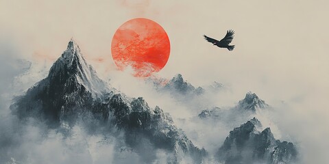 Sticker - A mountain with a red sun in the background. A bird is flying in the sky. The painting has a serene and peaceful mood